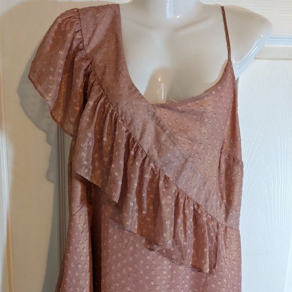 ASOS Iridescent Rose w/Gold Shimmer Pink Polkadot Asymmetrical Dress - size 16 - Picture 3 of 13